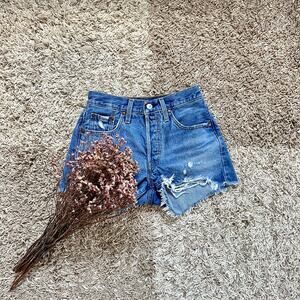 Levi's Premium 501 Big E Cut Off Distressed Blue Shorts Women’s Size 24